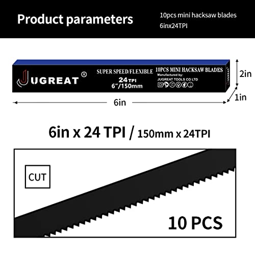 JUGREAT Professional Steel Mini Hacksaw Blades 6" / 150mm Length(24T 10 Pack), High Speed Steel Grounded Medium Teeth - size: 6" 24T