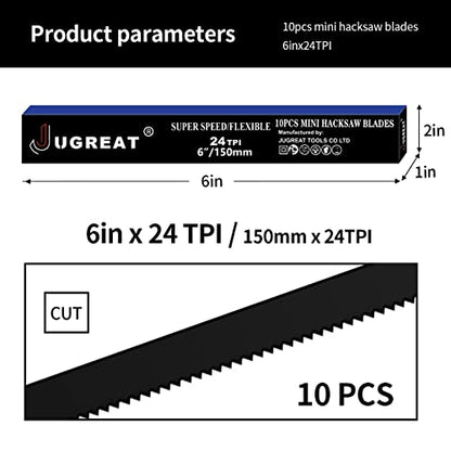 JUGREAT Professional Steel Mini Hacksaw Blades 6" / 150mm Length(24T 10 Pack), High Speed Steel Grounded Medium Teeth - size: 6" 24T