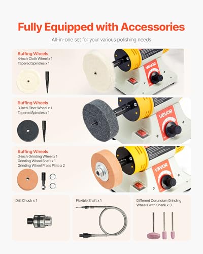VEVOR Bench Buffer Polisher, 1/2HP Polishing Buffing Machine, 0 to 8000RPM Benchtop Polisher Grinder with 4" Cloth Wheel, 3" Grinding Wheel & 3" Fiber Wheel for Metal, Jewelry, Wood and Plastic - style: 1/2HP-4inch-Stylobate