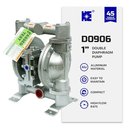 COSMOSTAR D0906 1" Double Air Diaphragm Pump - Aluminum Body, Teflon Ball, Seat and Diaphragm With Muffler - Chemical, Waste Oil, Pneumatic Oil Pump - size: D0906 1" Aluminum