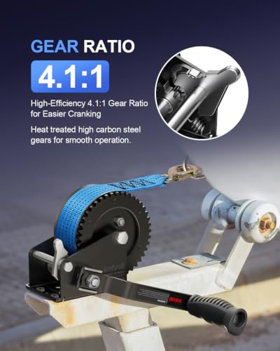 Kolvoii 1600 lb Boat Trailer Winch, 26 ft Strap, 4.1:1, Blue - size: 1600 lb - Blue Strap