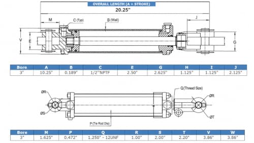 Tie-Rod Cylinder for Double Acting - Double Acting Hydraulic Cylinder, 3'' Bore, 8'' ASAE Stroke