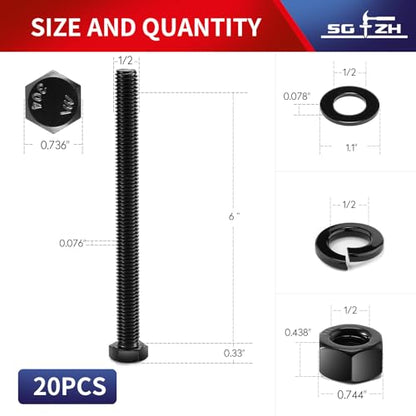 1/2-13 x 6 Hex Head Screw Bolt, Nuts, Flat & Lock Washers, 20Pcs 18-8 (304) Stainless Steel, Fully Threaded, Black Oxide by SG TZH - size: 1/2-13 x 6"