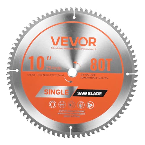 VEVOR Circular Saw Blade, 10 inch Diameter, 80 Sharp Alloy Teeth, 5/8 inch Arbor, Fine Finish, Aluminum Cutting Blade for Circular Saw, with Noise-Reducing Heat Vents, for Cutting Steel and Metal - size: 10" & 80T