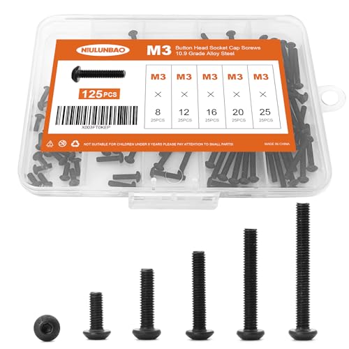 M3 x 8mm 12mm 16mm 20mm 25mm Button Head Socket Cap Screws Bolts, 10.9 Grade Alloy Steel, Black Oxide Finish, Metric Allen Hex Drive, Machine Fully Threaded, Assortment Kit 125PCS - size: M3 x 8/12/16/20/25mm (125PCS)