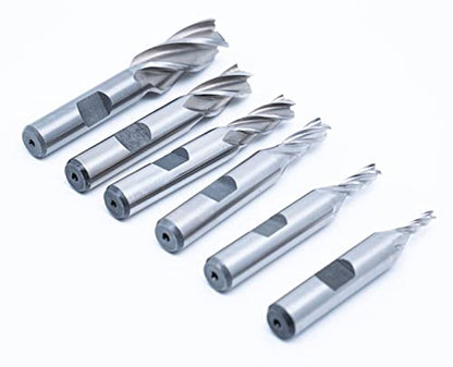Single End 4 Flute Center Cutting End Mill 6PCS Set 1/8",3/16",1/4",5/16",3/8",1/2" with 3/8" Shank with Plastic Stand