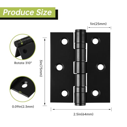 6-Pack Black Door Hinges, 3 Inch Heavy Duty Stainless Steel Hinge for Interior Exterior Doors, Max Loading 100LB, Matte Black Ball Bearing Hinges with Screws, Smooth and Quiet - size: 3inch - 6 Pack