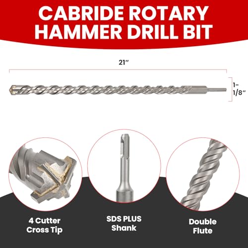 1-1/8 X 21 in SDS Plus Bits, Rotary Hammer Drill Bits, Carbide, Masonry Drill Bits for Concrete, Stone, SDS Plus Hammer Double Flute, Masonry Drill Bit, Concrete Drill Bit - size: 1-1/8 in, style: 21 inch long