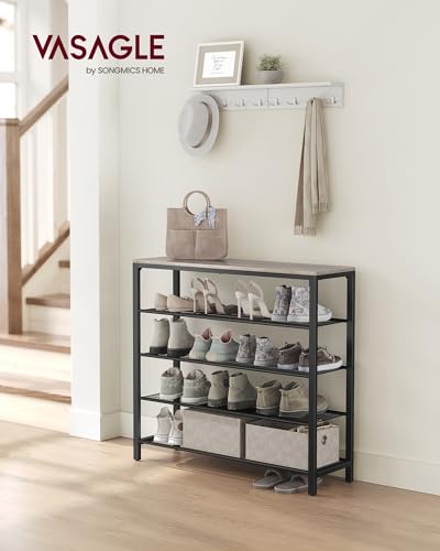 VASAGLE INDESTIC Shoe Rack, Organizer for Closet with 4 Mesh Shelves and Large Top for Bags, Entryway Hallway Shelf, Steel Frame, Industrial, Greige and Black ULBS015B02, 11.8 x 39.4 x 36.4 Inches - color: Greige, size: 5 Tiers (11.8"D x 39.4"W)