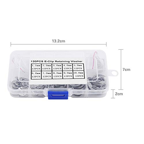 120Pcs E Clip Retaining Snap Opening Ring Circlip Kit, 10 Size 1.5/2/3/4/5/6/7/8/9/10mm with Plastic Box, 304 Stainless Steel E Clips Assortment Kit