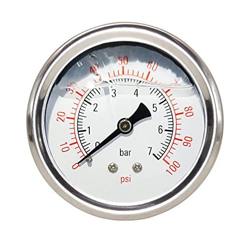 Pressure Gauge 1/4" NPT 0-100Psi Glycerin Filled 2 1/2 inch Dial 304 Stainless Steel Case Center Back Mount - size: 0-100Psi (liquid filled), style: Back Mount-1/4"NPT