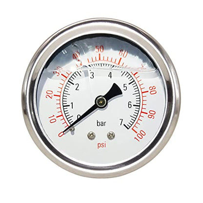 Pressure Gauge 1/4" NPT 0-100Psi Glycerin Filled 2 1/2 inch Dial 304 Stainless Steel Case Center Back Mount - size: 0-100Psi (liquid filled), style: Back Mount-1/4"NPT