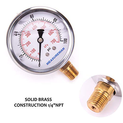 MEASUREMAN Pressure Gauge 1/4 NPT, 0-100psi/kPa Glycerin Filled Pressure Gauge with 2.5 Inch Dial Size and 304 Stainless Steel Case (0-100 psi, Lower Mount) - size: 0-100 psi, style: Lower Mount