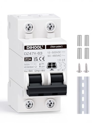 DIHOOL Solar Disconnect Switch, 20 Amp 2 Pole, DIN Rail Mount, Non Polarized, 12V 24V 48V 400V, AC/DC Circuit Breaker, RV Battery Isolator, PV Array MCB, Thermal Magnetic Trip