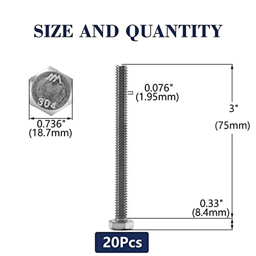 1/2-13 x 3 Hex Head Screw Bolt, 20Pcs 18-8 (304) Stainless Steel, Fully Threaded, Plain Finish, by SG TZH - size: 1/2-13 x 3"