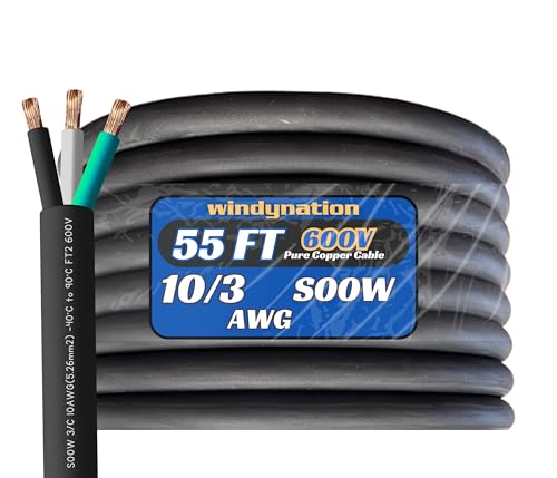 WindyNation Feet 55 10/3 10 AWG SOOW SO Cable Cord Wire - 10 Gauge 3 Conductor 600V Portable Power Extension Cord Cable for EV Chargers, Motor Leads, Portable Lights, and Battery Chargers - size: 55 Feet