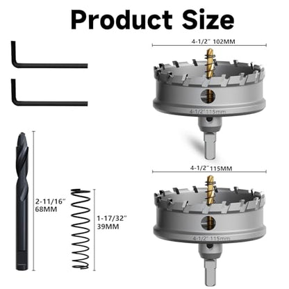 Metal Hole Saw 4-1/2''(115mm) 2Pcs Set Heavy Duty Tungsten Carbide Tipped Hole Cutters Set with a nitrided Step Drill and L-flench, for Steel Iron,Aluminum,Stainless stell,Plastic - size: 4-1/2''(115mm)-2PCS