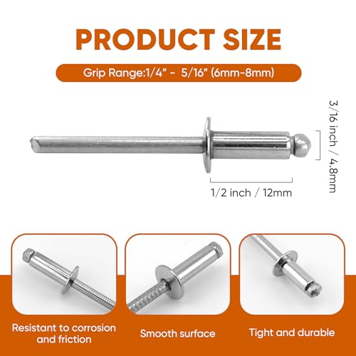 ALLCLEAN 100 Pcs 3/16"x1/2" Stainless Steel Blind Pro Rivets,4.8 x 12mm Pop Rivets,Stainless Steel Grip and Stainless Steel Mandrel - color: Stainless Steel, size: 3/16"x1/2"