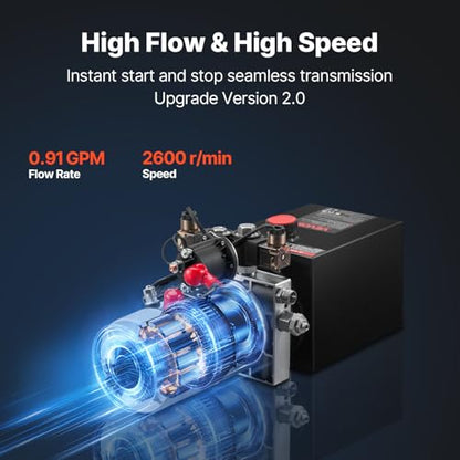 VEVOR 4 Quart Hydraulic Power Unit, Double Acting Dump Trailer Pump, 3200 PSI Max Relief Pressure & 0.91 GPM Flow Rate, DC 12V Hydraulic Pump with Metal Reservoir for Dump Trailer Car Lifting, Black - size: 4 Quart, style: Double Acting