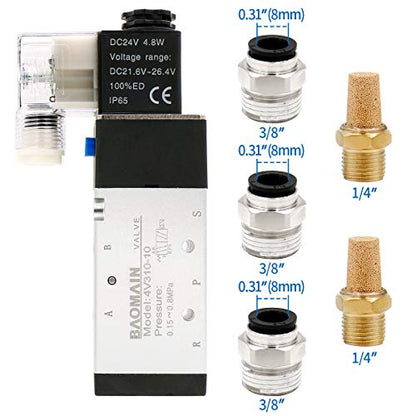 Baomain Pneumatic Solenoid Valve 4V310-10 DC 24V PT 3/8" 2 Position 5 Way Single Coil Pilot-Operated Electric Control with 3 Fitting and 2 muffler (DC 24V) - style: DC 24V
