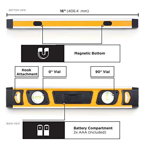 MOTORHEAD 16-Inch 0° - 180° SMART DIGITAL Level, LCD Screen, Audible Alerts, Water, Dust & Shock Resistant, Magnetic Bottom, Includes Bag, High-Visibility, Solid-Milled Aluminum, USA-Based Support - size: 16"