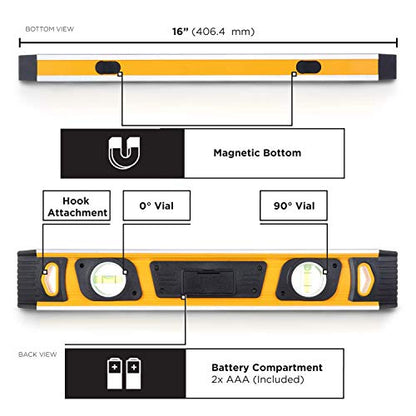 MOTORHEAD 16-Inch 0° - 180° SMART DIGITAL Level, LCD Screen, Audible Alerts, Water, Dust & Shock Resistant, Magnetic Bottom, Includes Bag, High-Visibility, Solid-Milled Aluminum, USA-Based Support - size: 16"