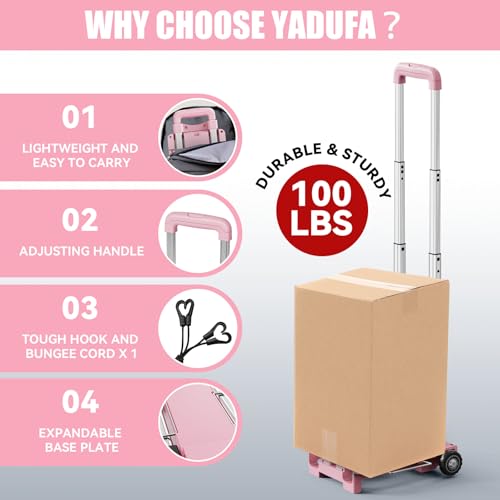 Mini Small Folding Hand Truck Dolly with 2 Tank Wheels, Expandable Base Plate Utility Luggage Cart with 1 Elastic Ropes, Portable Dolly Cart for School Travel Office Moving - color: Pink