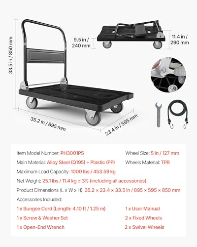 VEVOR Platform Truck Push Cart Dolly, 1000LBS Heavy Duty Folding Platform Truck with 360° Swivel Wheels, Flat Bed Cart with Space Saving Push Handle for Garage/Basement/Office/Warehouse - size: 35.2 x 23.4 x 33.5 in/ 895 x 595 x 850 mm
