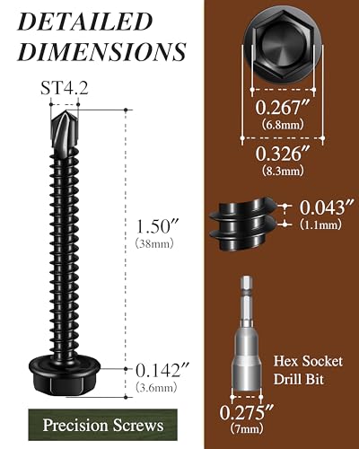100PCS #8 x 1-1/2" Self Drilling Screws, Black Self Tapping Screws for Metal, 410 Stainless Steel Hex Washer Head Sheet Metal Screw, Quick Tapping with 7mm Hex Socket - color: Black, size: #8 x 1-1/2"