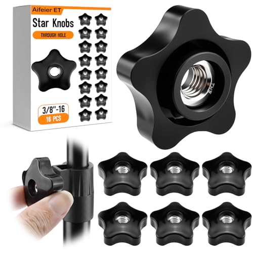 Aifeier ET 16Pcs 3/8"-16 Female Thread Knob | Black Nylon Hexagon Head Thru Clamping Nuts | 5-Star Shape Hand Tighten Screw-On Knobs (ID 0.375"/9.525mm) - size: 16 pcs 3/8"-16