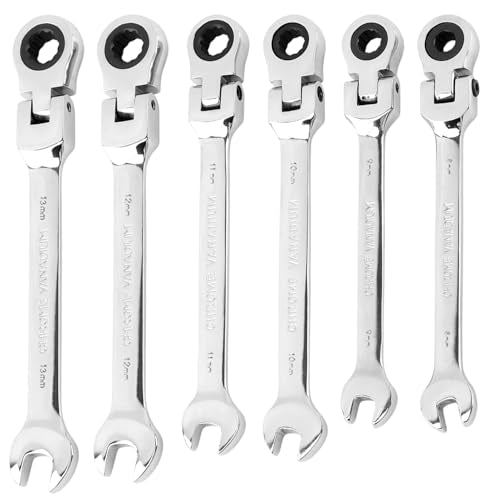 6 Pack Flex Head Ratcheting Wrench Set, 8-13 mm Ratcheting Combination Wrench, Metric Ratcheting Combination Chrome Vanadium, Box End and Open End Wrench 180° Head 72-Tooth