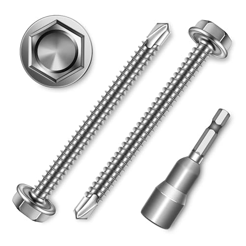 50Pcs #8 x 2 Sheet Metal Screws, 410 Stainless Steel Self Drilling Hex Washer Head Self Tapping Screws for Metal with Drill Bit - color: Silver, size: #8 x 2"