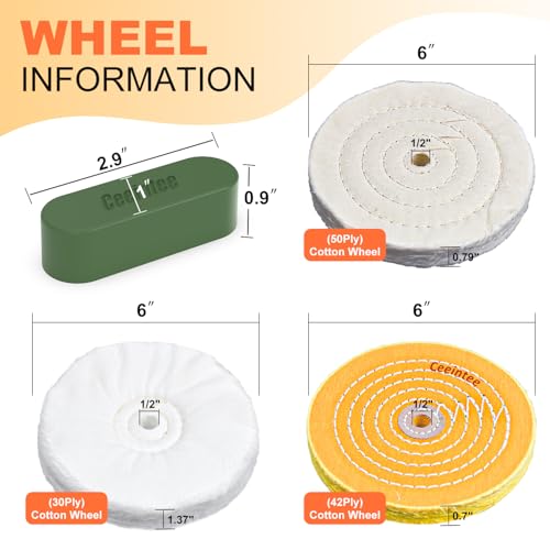 8 Pack 6 Inch Polishing Wheel for Bench Grinder, Include 1/2" Arbor Hole 2 Yellow Cotton(42Ply), 2 White Cotton Polish Wheels(50Ply), 1 Soft Flannel Buffing Wheel(30Ply)& 3 Polishing Compound