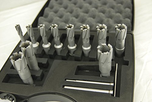 BLUEROCK 1-3/8" Depth TCT Annular Cutter Set for Magnetic Drills, 13-Piece Tungsten Carbide Kit with 11 Cutters, 3/4" Weldon Shank, 3 Pilot Pins & Case