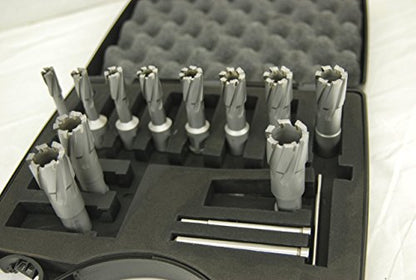 BLUEROCK 1-3/8" Depth TCT Annular Cutter Set for Magnetic Drills, 13-Piece Tungsten Carbide Kit with 11 Cutters, 3/4" Weldon Shank, 3 Pilot Pins & Case