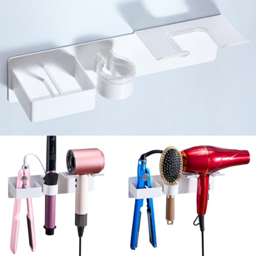 Hair Dryer Holder Wall Mount Curling Iron Holder Flat Iron Holder, Blow Dryer Holder Wall, 3 in 1 Bathroom Hair Tool Organizer Rack for Universal Hairdryer Straightener Curlings (White) - color: White