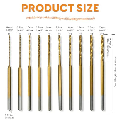 10Pcs Titanium-Coated HSS Twist Drill Bit Set for 2.35mm Collet