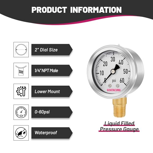 0-60psi Glycerin Filled Pressure Gauge, 2" Dial Size, 304 Stainless Steel Case, 1/4" NPT Lower Mount, with High Accuracy, for Measuring Water Air Hydraulic Pressure - size: 0-60psi, style: BRASS