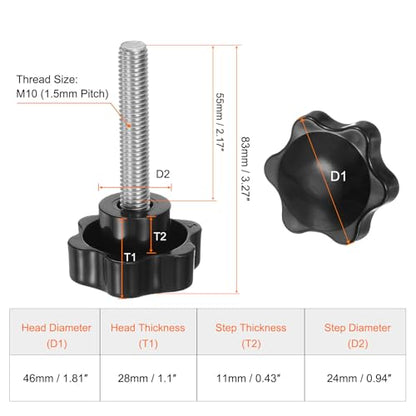 HARFINGTON 4pcs Star Knobs M10 x 55mm 304 Stainless Steel Threaded Stud 46mm Plastic 6-Star Head Hand Tightening Thumb Screw Clamping Jig Knob Handle, Black - size: M10 x 55mm x 46mm