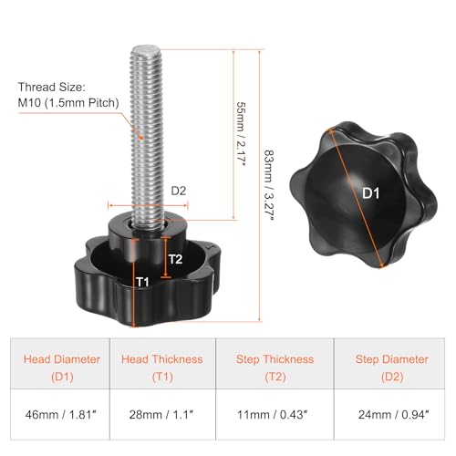 HARFINGTON 4pcs Star Knobs M10 x 55mm 304 Stainless Steel Threaded Stud 46mm Plastic 6-Star Head Hand Tightening Thumb Screw Clamping Jig Knob Handle, Black - size: M10 x 55mm x 46mm
