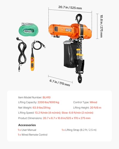 VEVOR 2-Speed Electric Chain Hoist 2200 lbs, 20ft Lifting Height, 120V 60Hz Single Phase Overhead Crane with 15 ft Wired Remote Control, G100 Chain Electric Lift Hoist for Factory, Warehouse, Garage