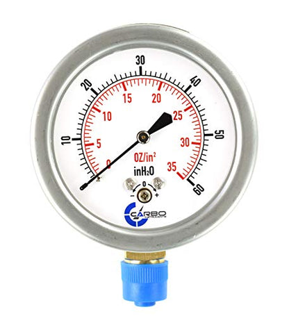 Diaphragm Low Pressure Capsule Gauge, 2-1/2" Dial, 0-35 oz/0-60in H2O Range, 1/4" NPT Lower Mount, Stainless Steel Case, Brass Internals, Adjustable, Dual Scale 35 oz/60 inH2O (IWC) - size: 0-35 oz/0-60 inH2O