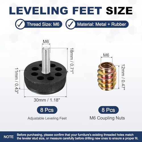 uxcell 8Pcs M6 Thread Adjustable Furniture Levelers, 1.18 x 1.18 - size: M6 x 1.18" x 1.18"