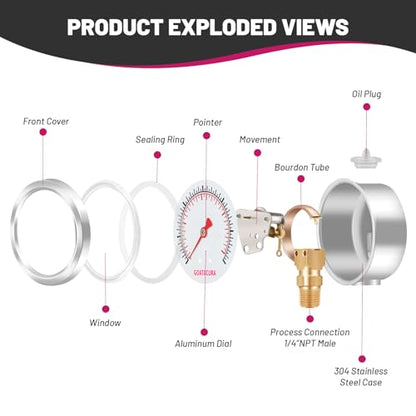 -30inHg/kpa-0 Glycerin Filled Vacuum Pressure Gauge, 2" Dial Size, 304 Stainless Steel Case, 1/4" NPT Lower Mount, with High Accuracy - size: -30inHg-0, style: Lower Mount