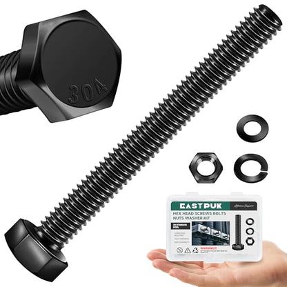 1/4-20 x 2-1/2" Hex Head Bolts Screws with Nuts, Flat & Lock Washers, 304 Stainless Steel Bolts and Nuts External Hex Drive Black Oxided 1/4 Bolt (10Sets) - color: Black, size: 1/4 x 2-1/2"