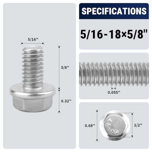 5/16-18 x 5/8" Flange Hex Bolts, 304 Stainless Steel 18-8, A2-70 Grade, Non-Serrated Flange Bolts for Automotive Repair, Fully Threaded, 12 Pcs - size: 5/16-18 x 5/8