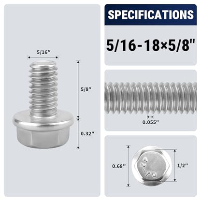 5/16-18 x 5/8" Flange Hex Bolts, 304 Stainless Steel 18-8, A2-70 Grade, Non-Serrated Flange Bolts for Automotive Repair, Fully Threaded, 12 Pcs - size: 5/16-18 x 5/8
