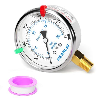 MEANLIN MEASURE 0~300Psi Stainless Steel Liquid Filled Pressure Gauge 1/4" NPT 2.5" FACE DIAL Silicone Oil Filled, WOG Water Oil Air Lower Mount (with 2PCS Snaps) - size: 0-300Psi