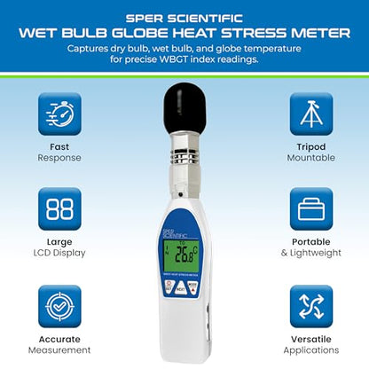 Sper Scientific Wet Bulb Globe Heat Stress Meter 800036 - WBGT Heat Index Monitor with Air Temperature Humidity & Globe Temperature for Workplace Sports & Outdoor Activities