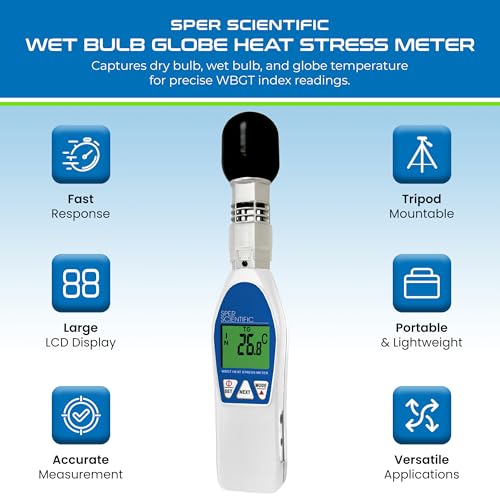 Sper Scientific Wet Bulb Globe Heat Stress Meter 800036 - WBGT Heat Index Monitor with Air Temperature Humidity & Globe Temperature for Workplace Sports & Outdoor Activities
